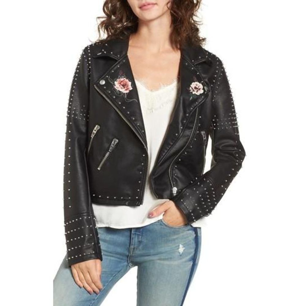 BLANKNYC Stud Floral Moto‎ Faux Leather Jacket